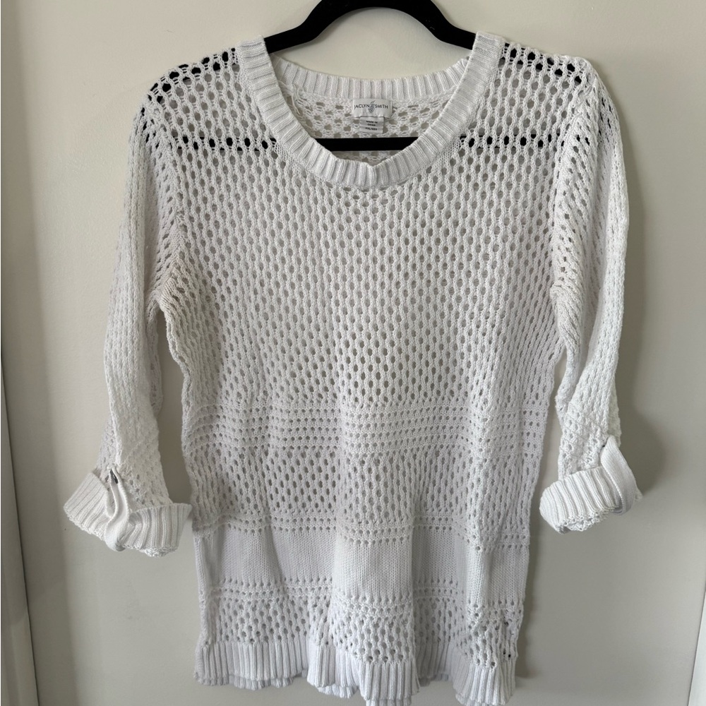Woman’s Plus Size White Open Knit Sweater See Through 3/4 Sleeves XXL